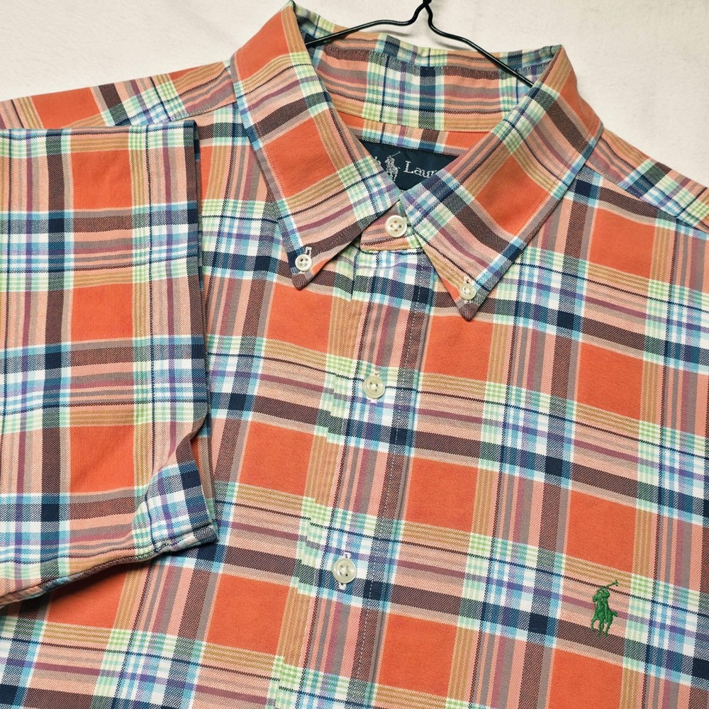 Ralph Lauren Button Down Shirt Mens XL Orange Plaid Short Sleeve Classic Fit